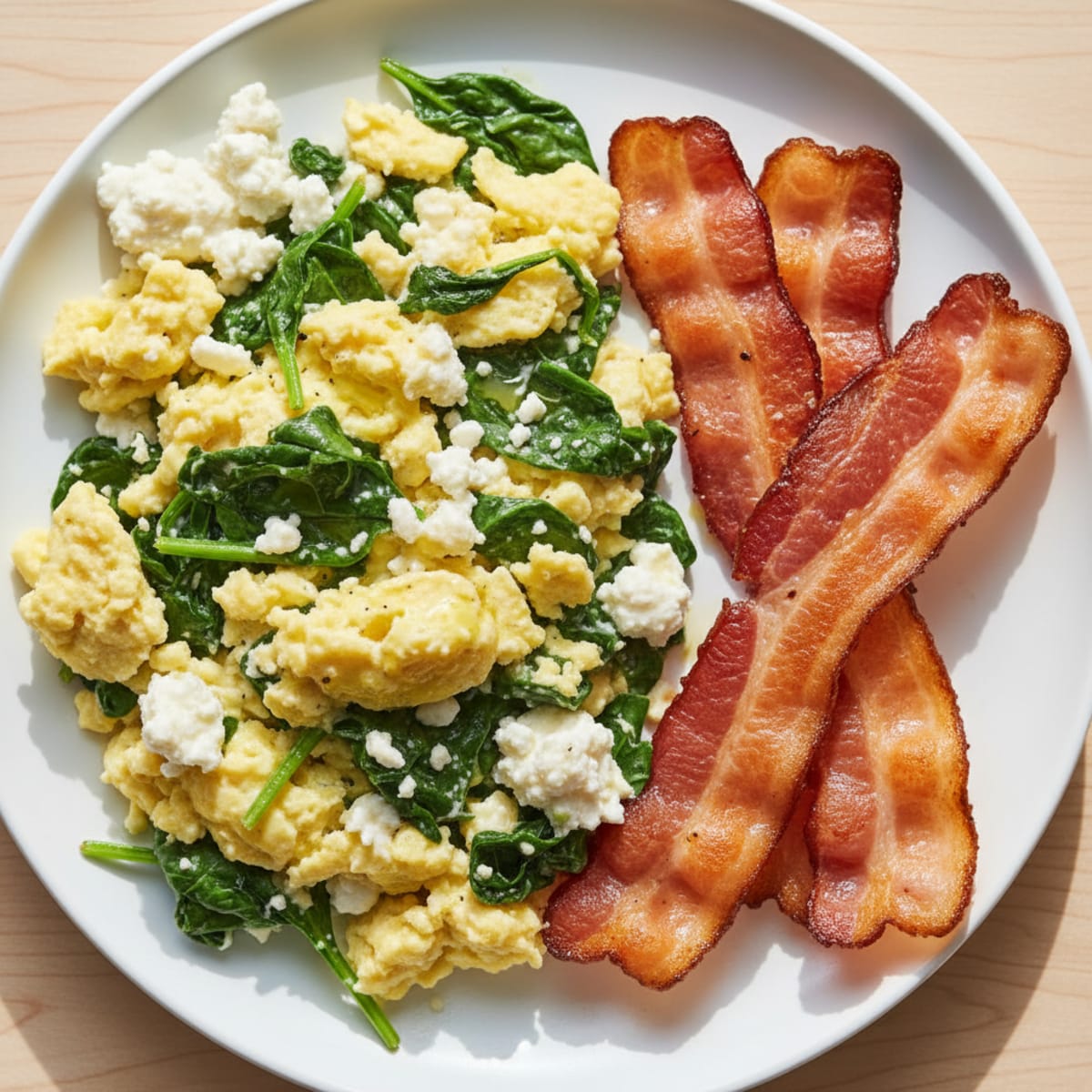 Cottage Cheese Egg Scramble with Spinach and Turkey Bacon