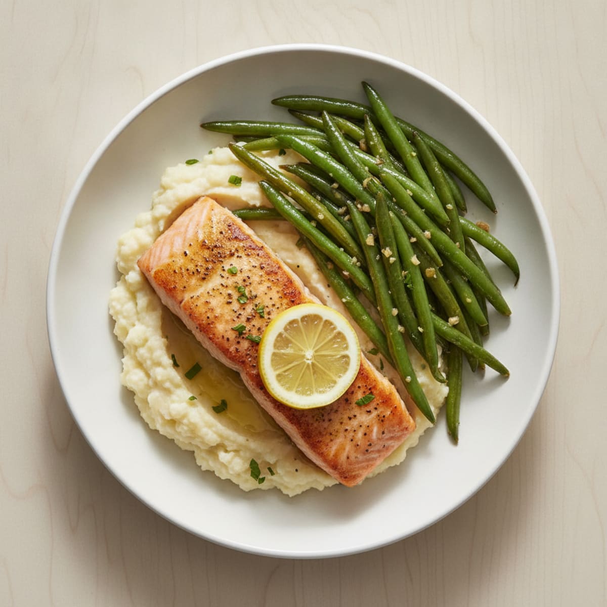 Seared Salmon with Garlic Green Beans and Cauliflower Mash