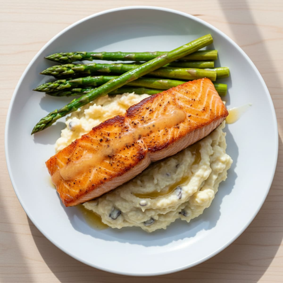 Seared Salmon with Steamed Asparagus and Garlic Mashed Cauliflower