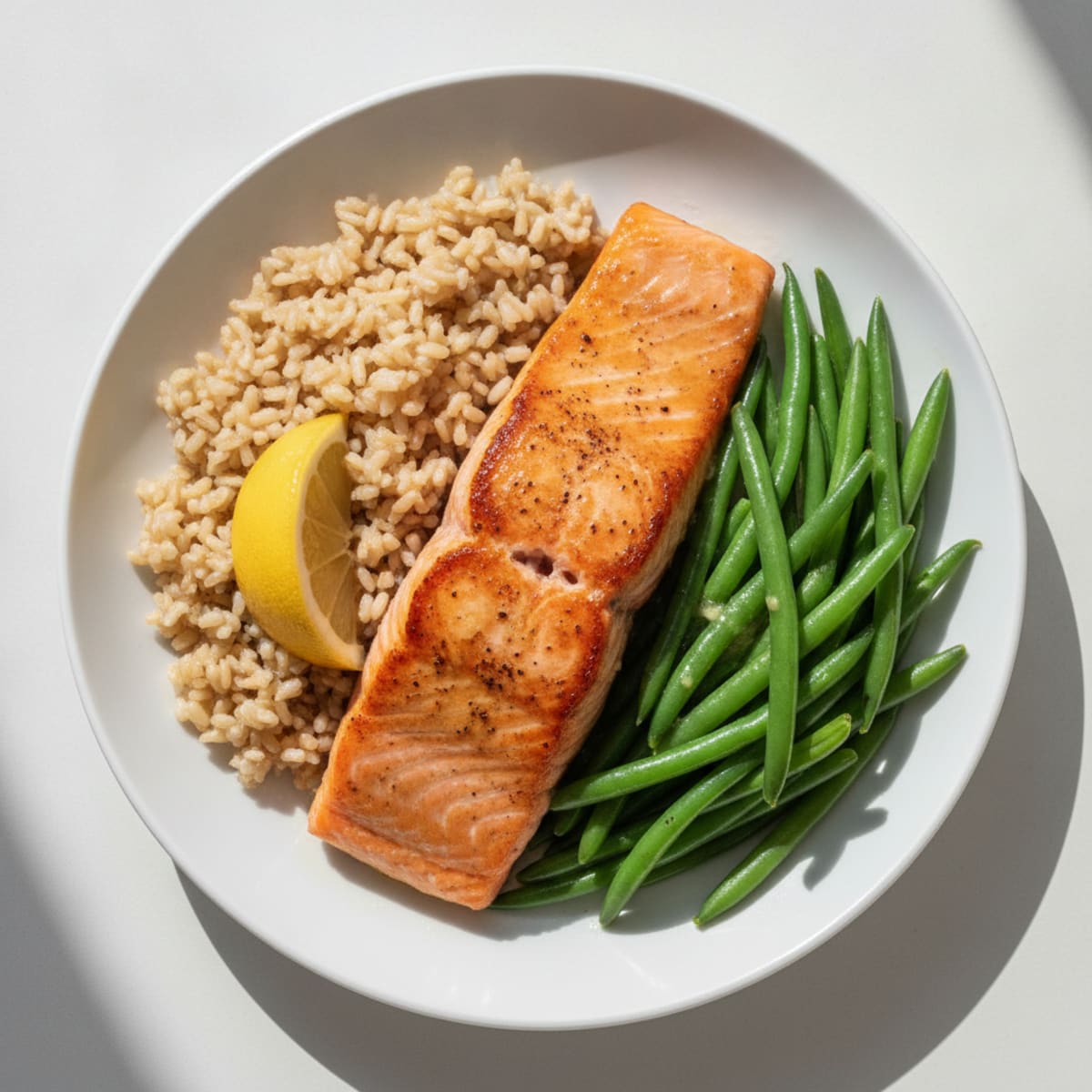Seared Salmon with Steamed Green Beans and Brown Rice