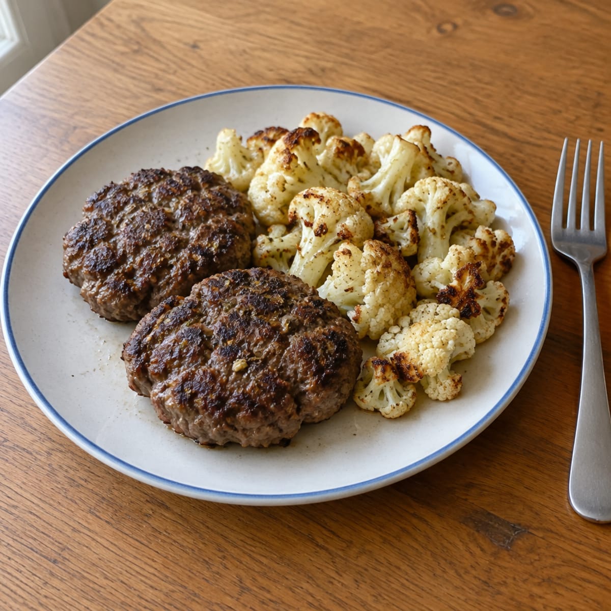 Beef patties with roasted cauliflower