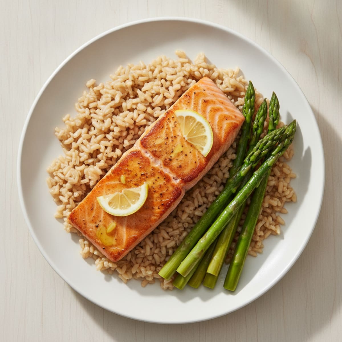 Seared Salmon with Steamed Asparagus and Brown Rice