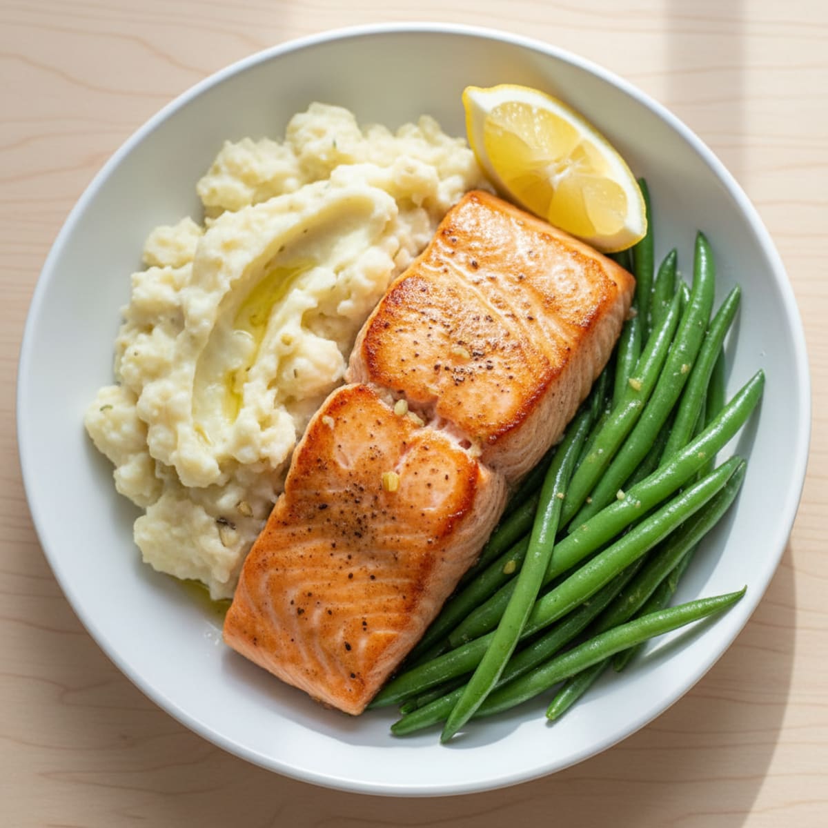 Seared Salmon Fillet with Steamed Green Beans and Garlic Mashed Cauliflower