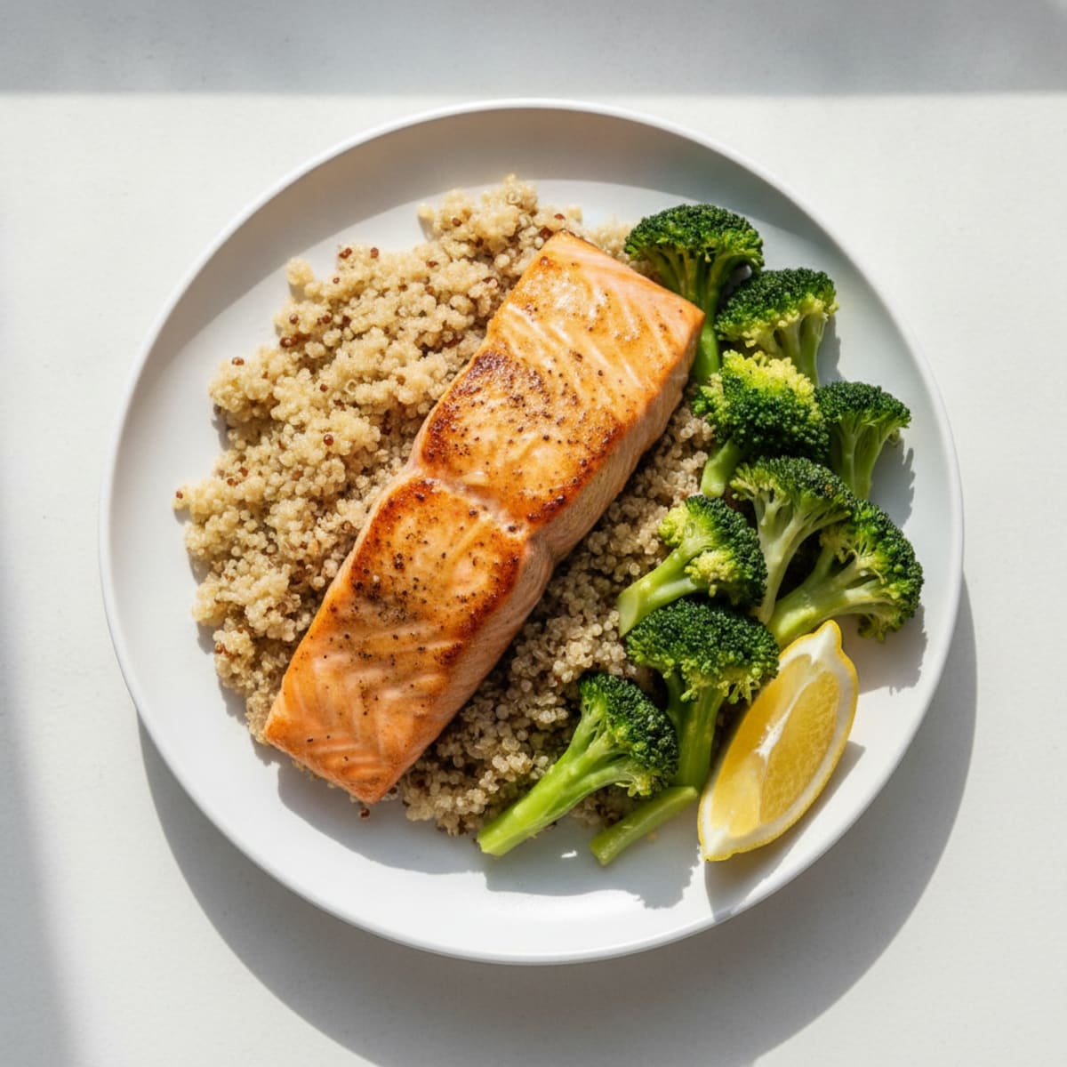 Seared Salmon with Steamed Broccoli and Quinoa