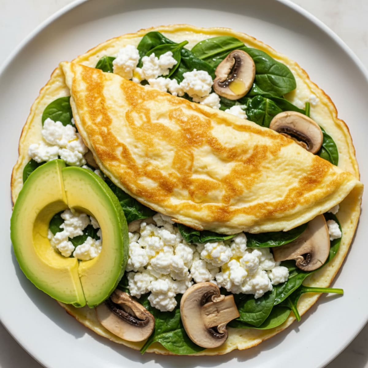 Egg White Spinach Omelet with Cottage Cheese and Sautéed Mushrooms