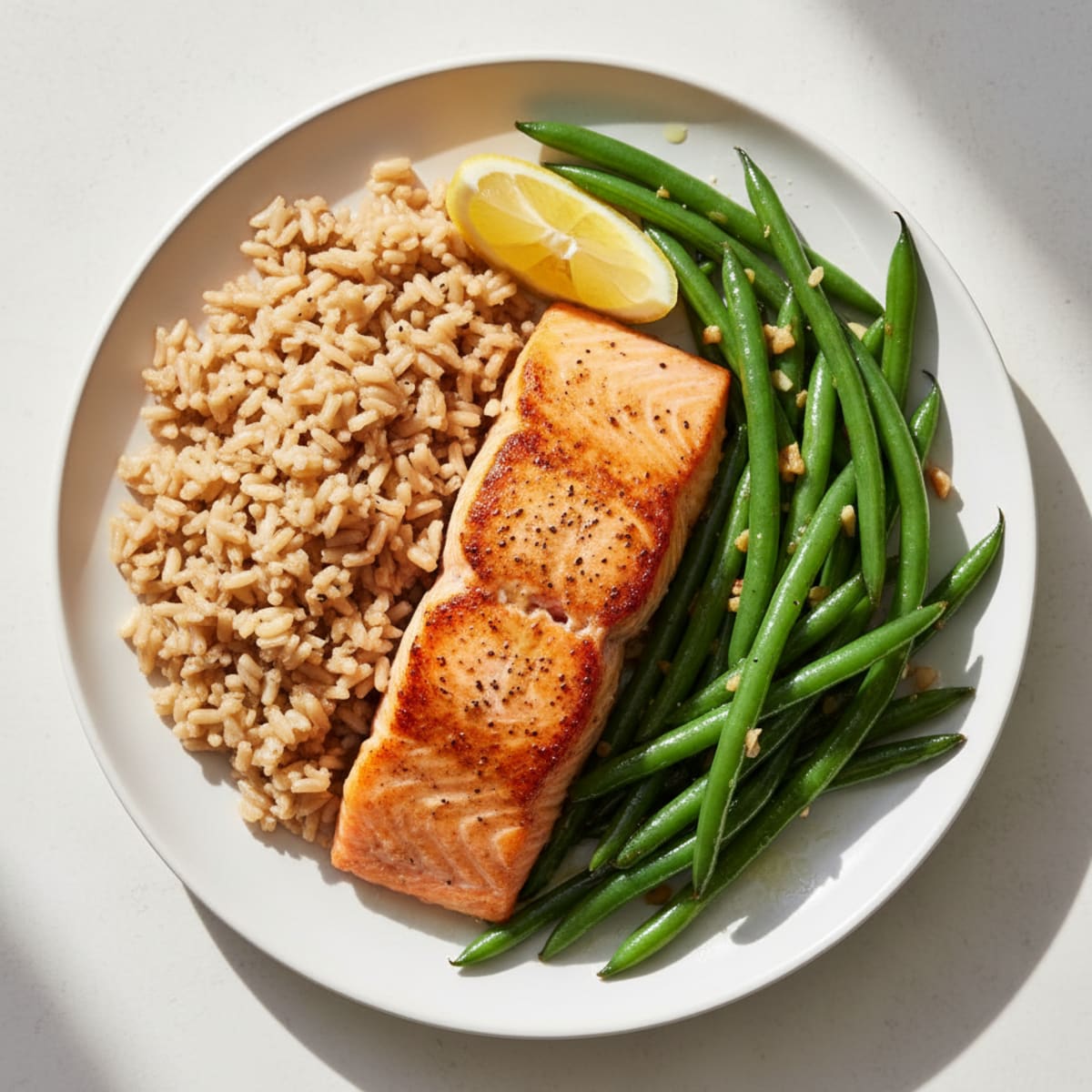 Seared Salmon Fillet with Garlic Green Beans and Brown Rice