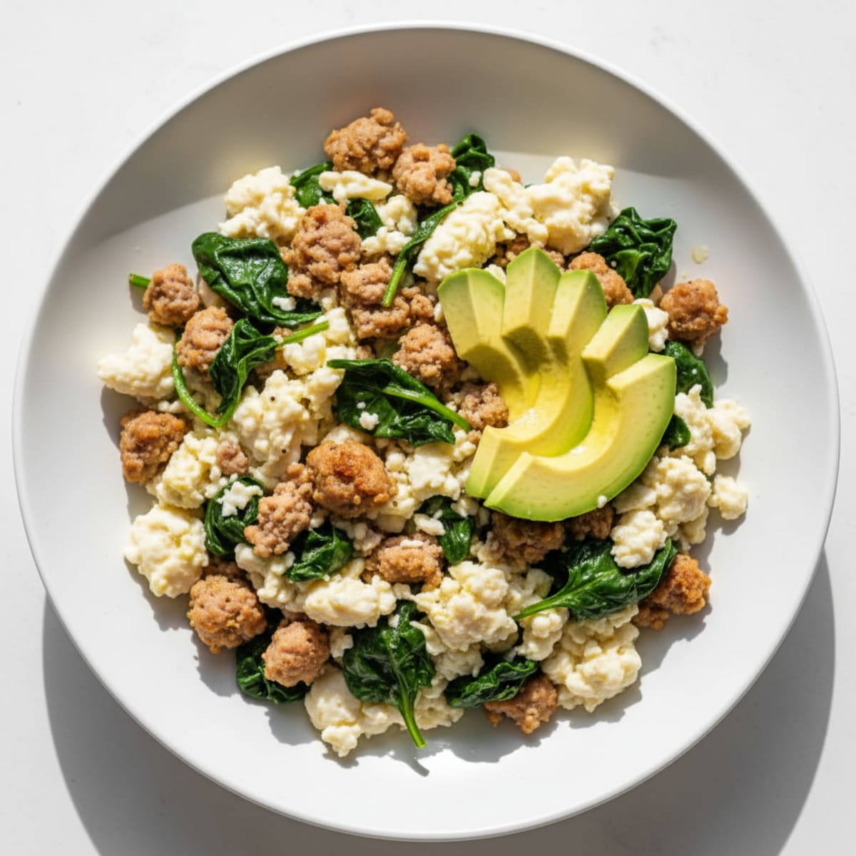 Egg White Scramble with Turkey Sausage and Sautéed Spinach