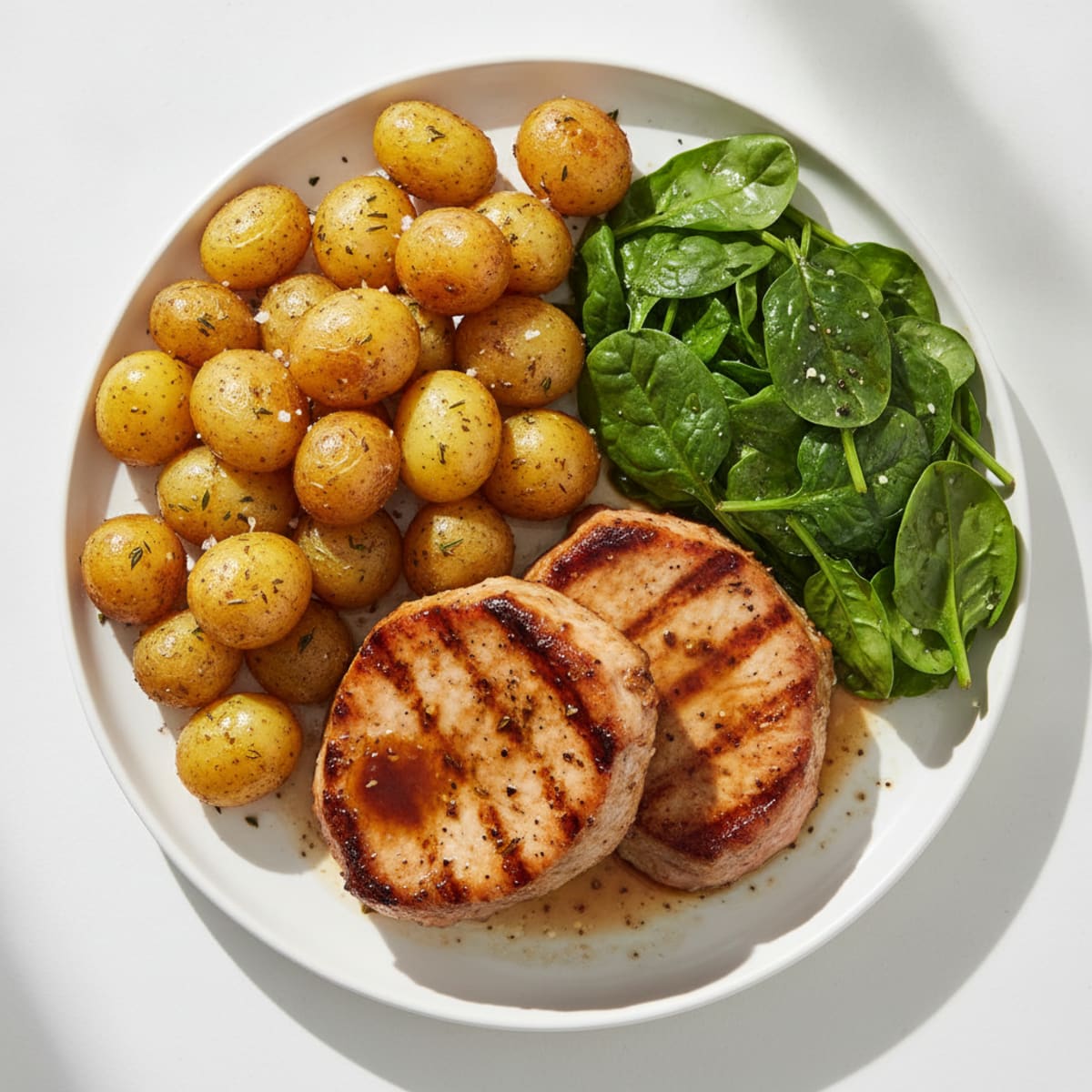 Pan-Seared Pork Carbonade with Roasted Potatoes and Spinach
