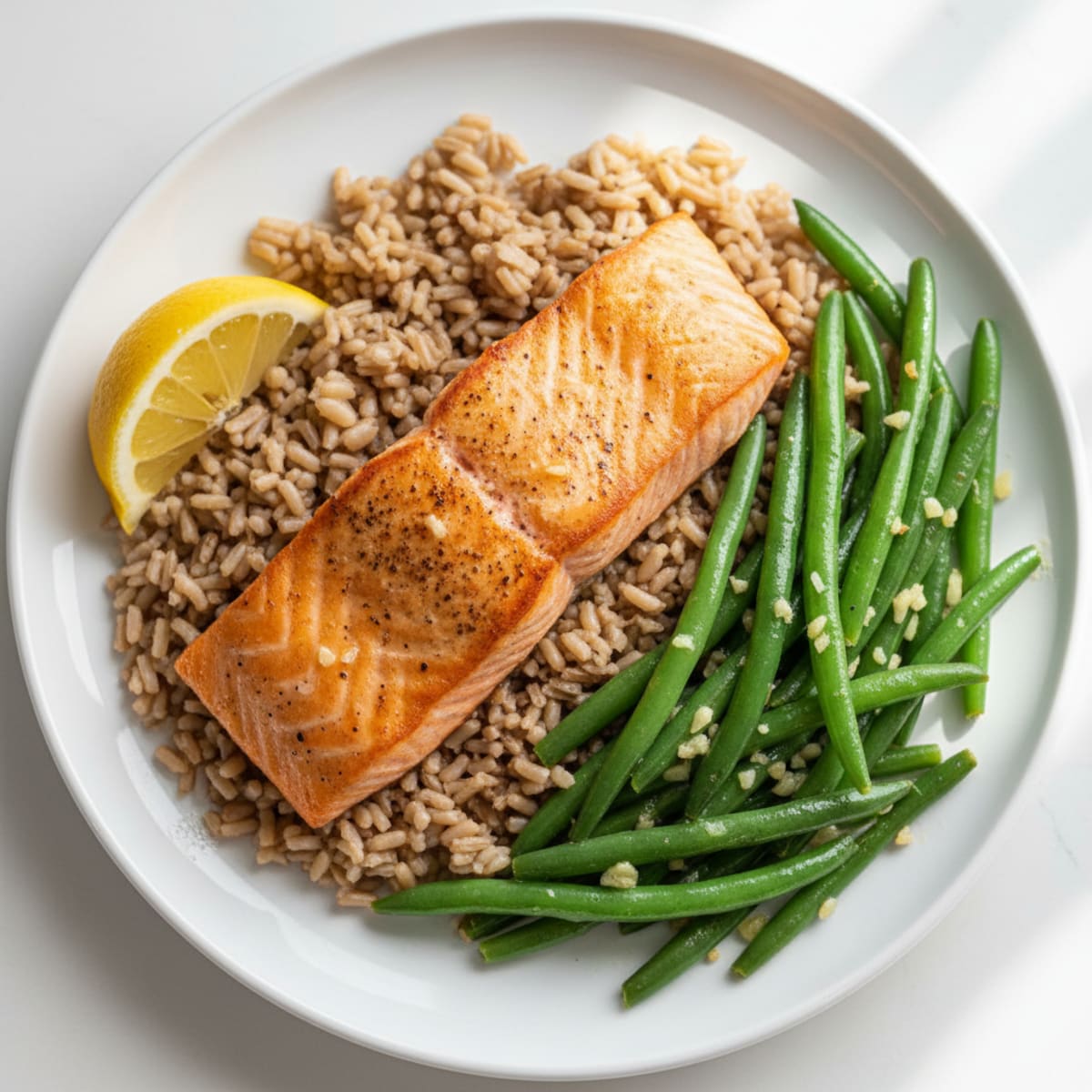 Seared Salmon Fillet with Sautéed Green Beans and Brown Rice