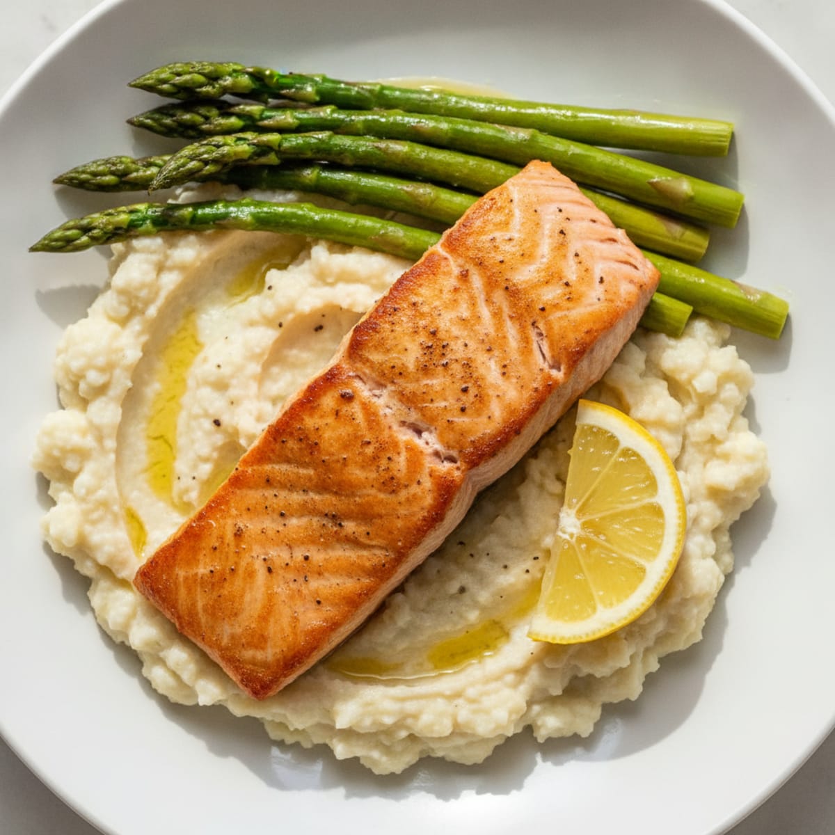 Seared Salmon with Steamed Asparagus and Garlic Cauliflower Mash