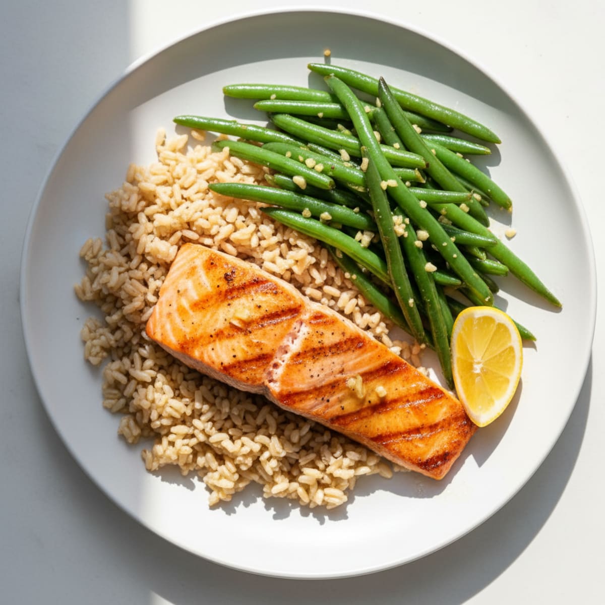 Seared Salmon with Garlic Green Beans and Brown Rice