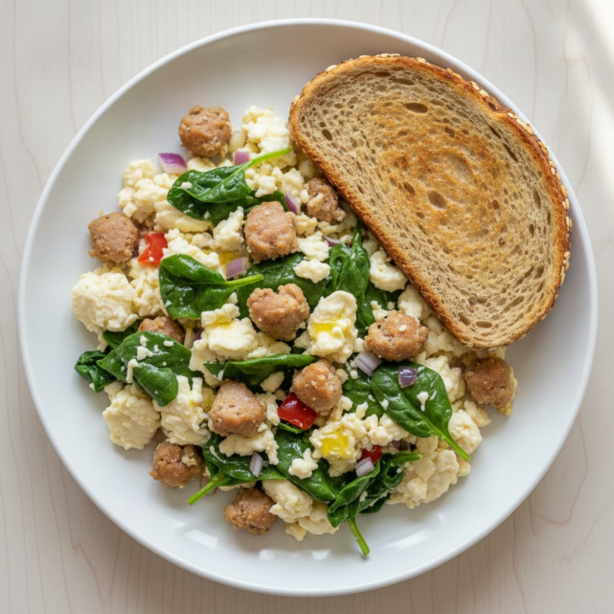 Egg White Spinach Scramble with Turkey Sausage