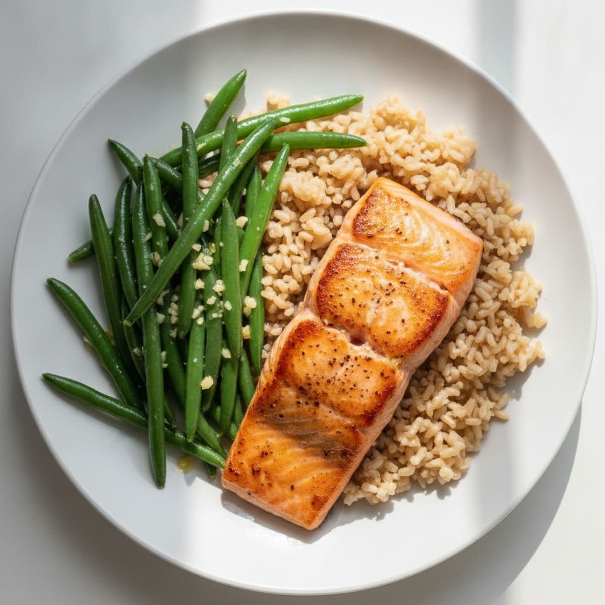 Seared Salmon Fillet with Garlic Green Beans and Brown Rice