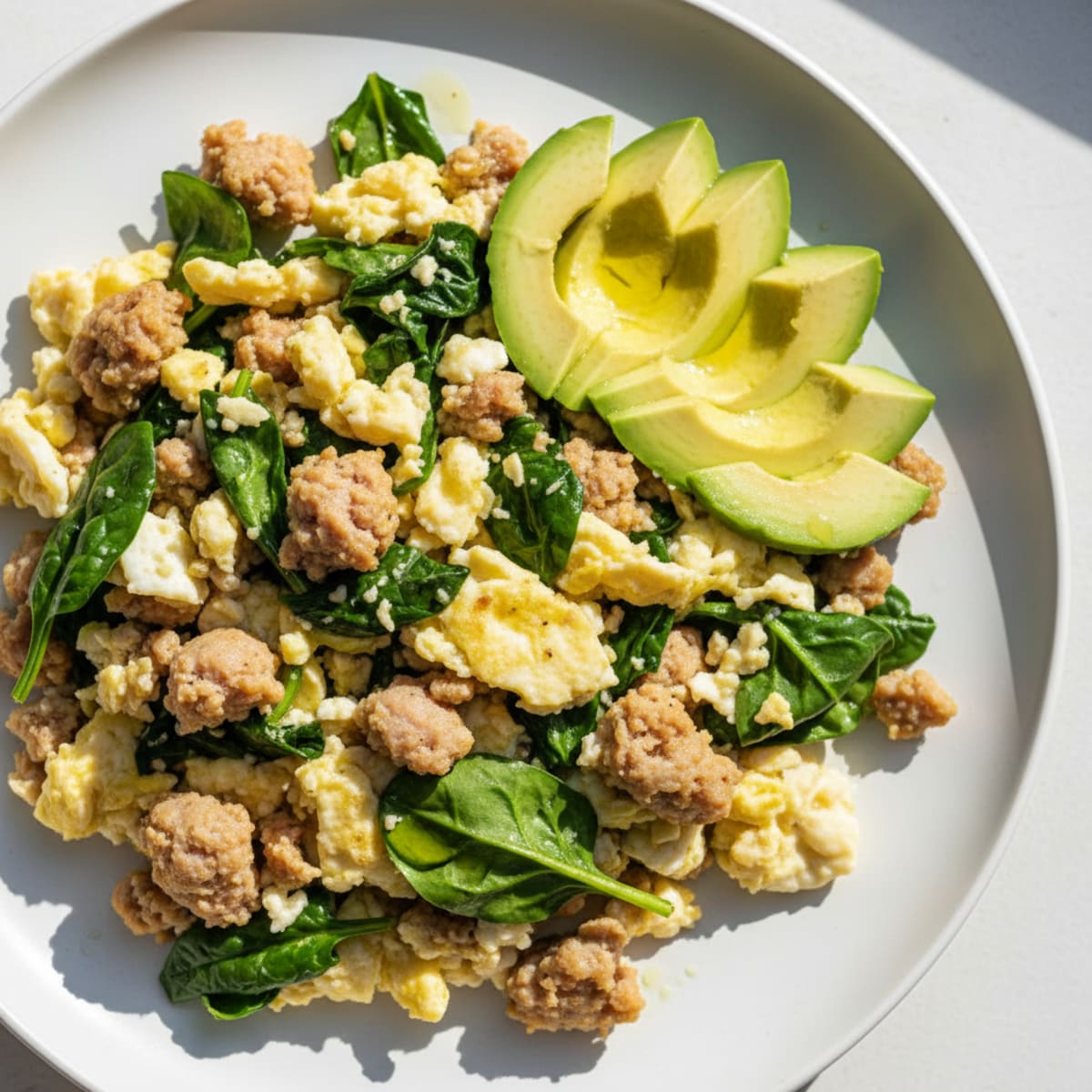 Egg White and Turkey Sausage Scramble with Sautéed Spinach