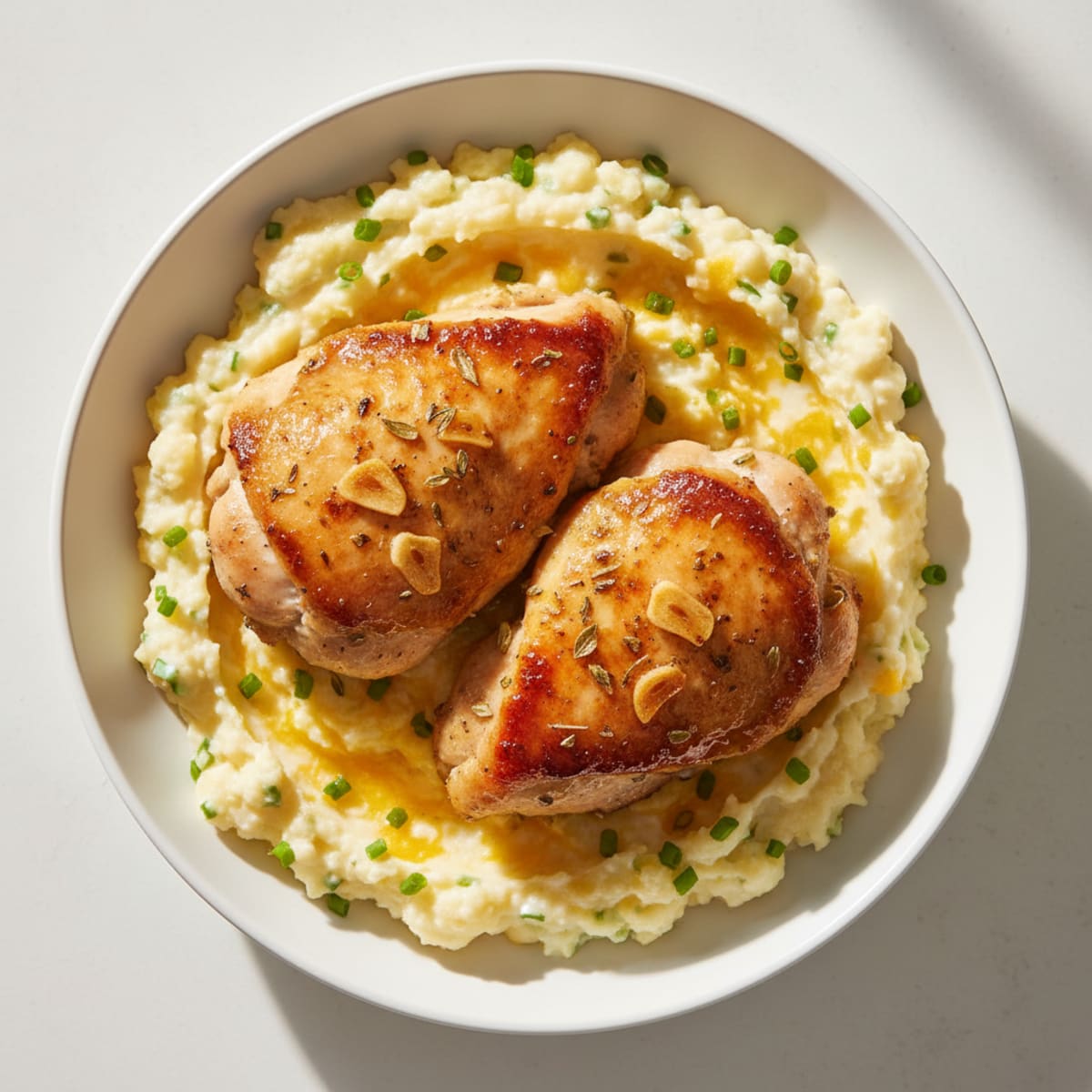 Baked Chicken Thighs with Creamy Cheese Cauliflower Mash