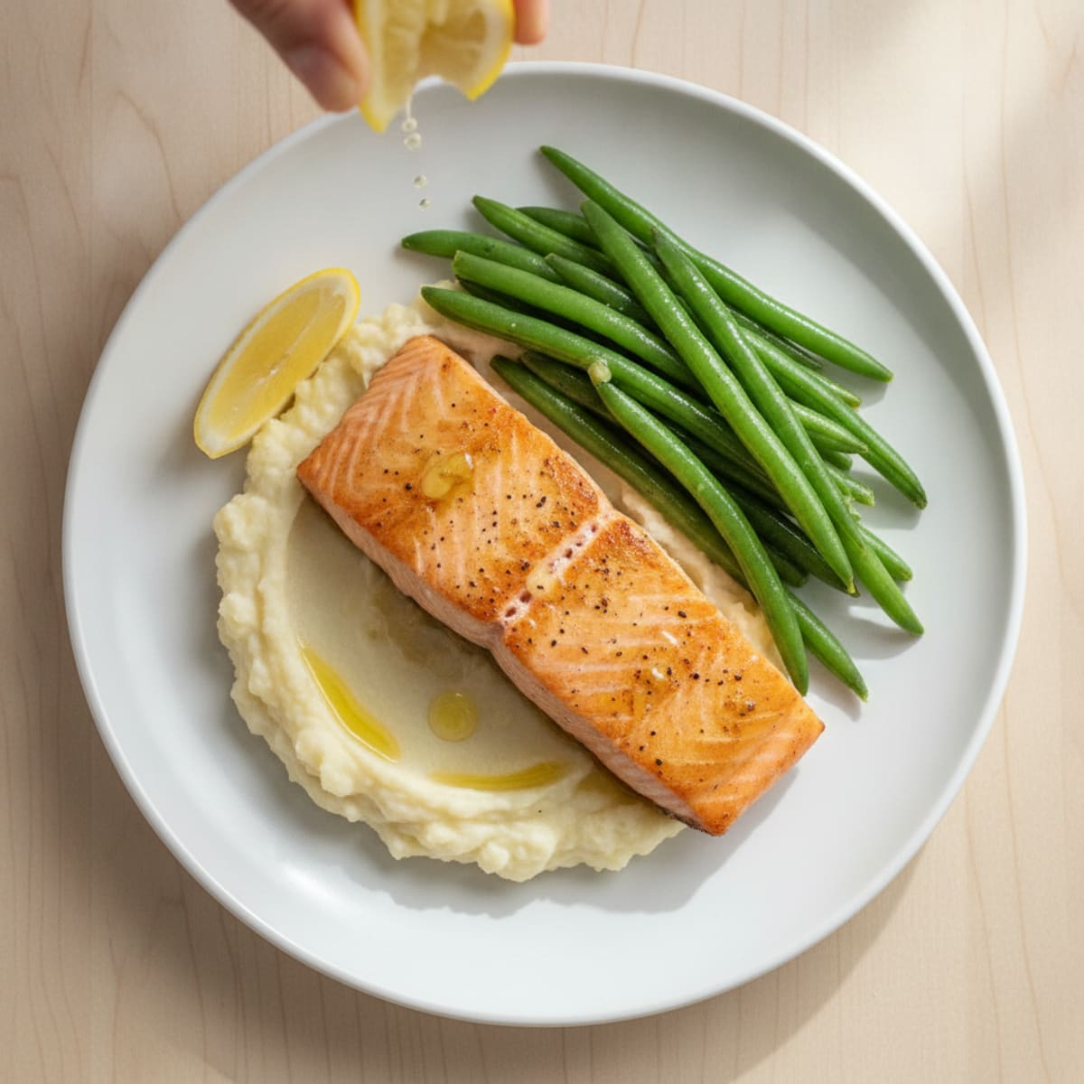 Seared Salmon with Steamed Green Beans and Garlic Mashed Cauliflower