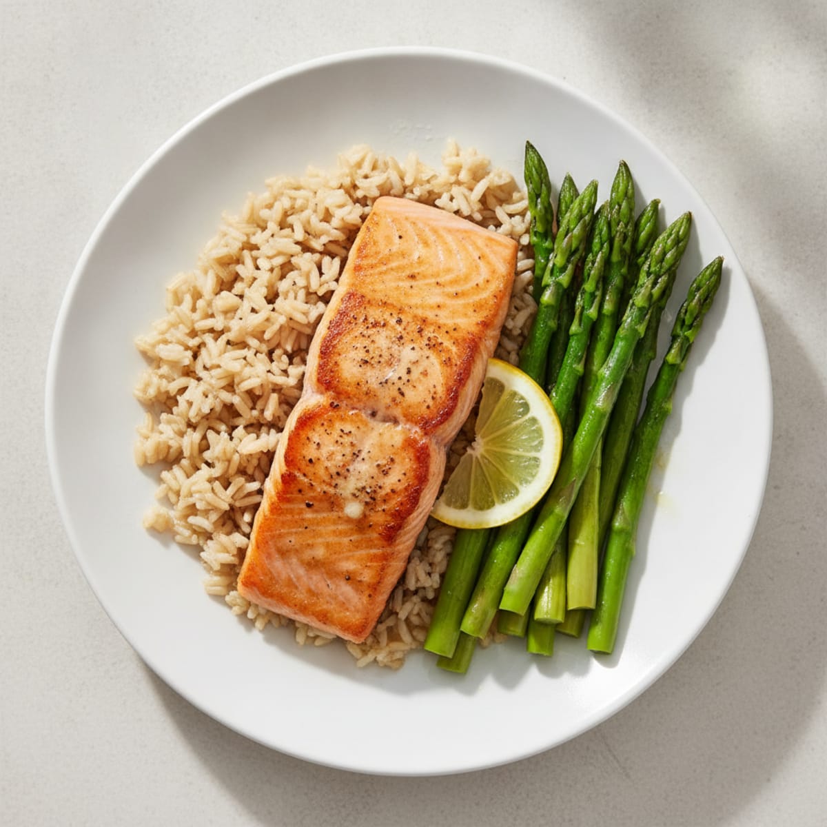 Seared Salmon with Steamed Asparagus and Brown Rice