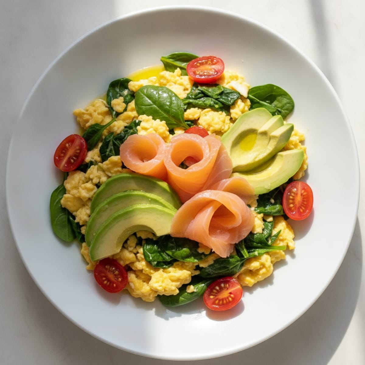 Smoked Salmon Scramble with Spinach and Cherry Tomatoes