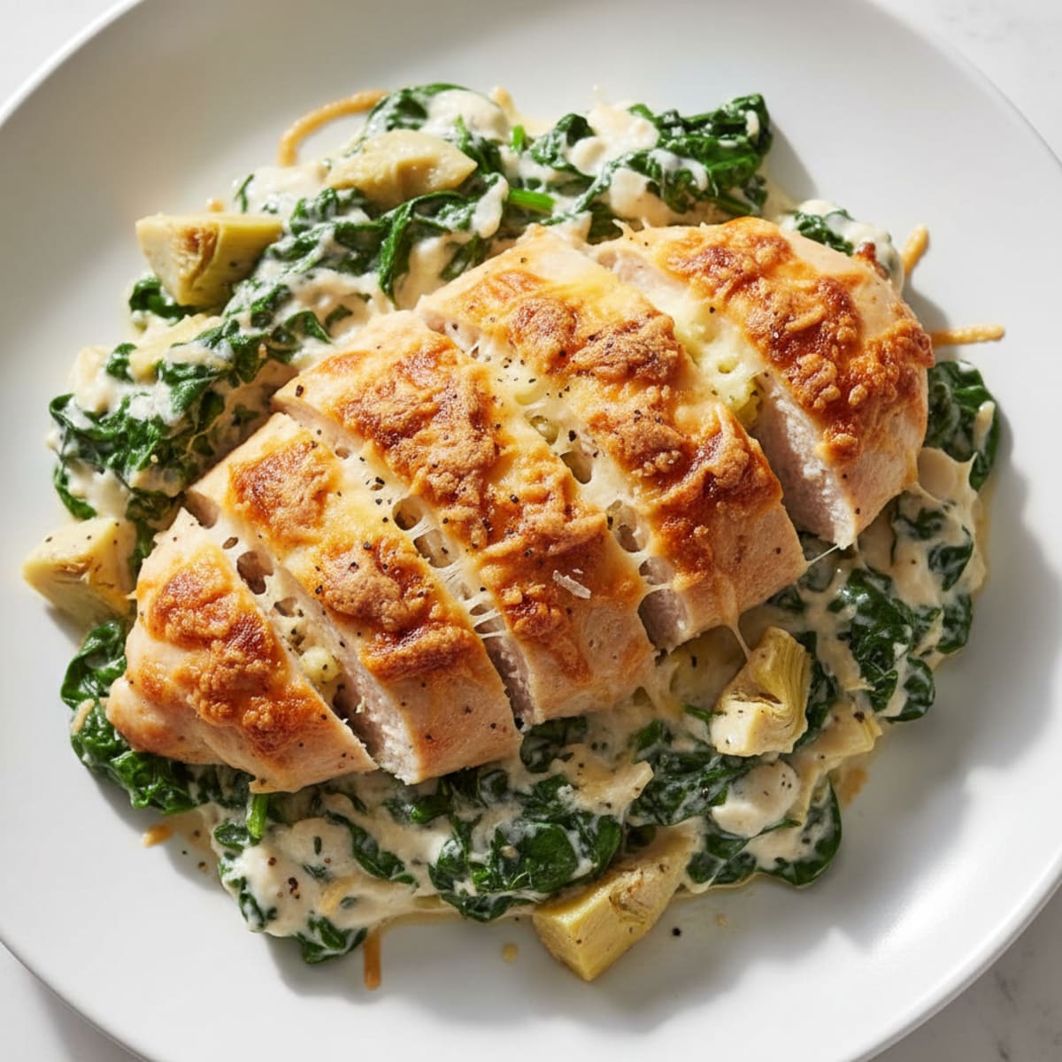 High-Protein Spinach Artichoke Chicken Bake