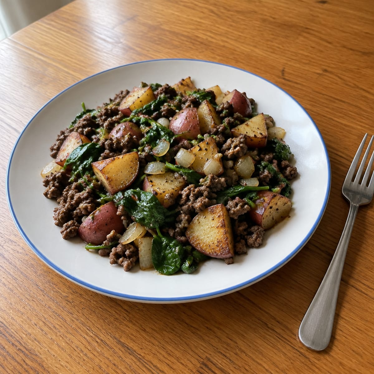 Ground beef skillet with spinach and potatoes