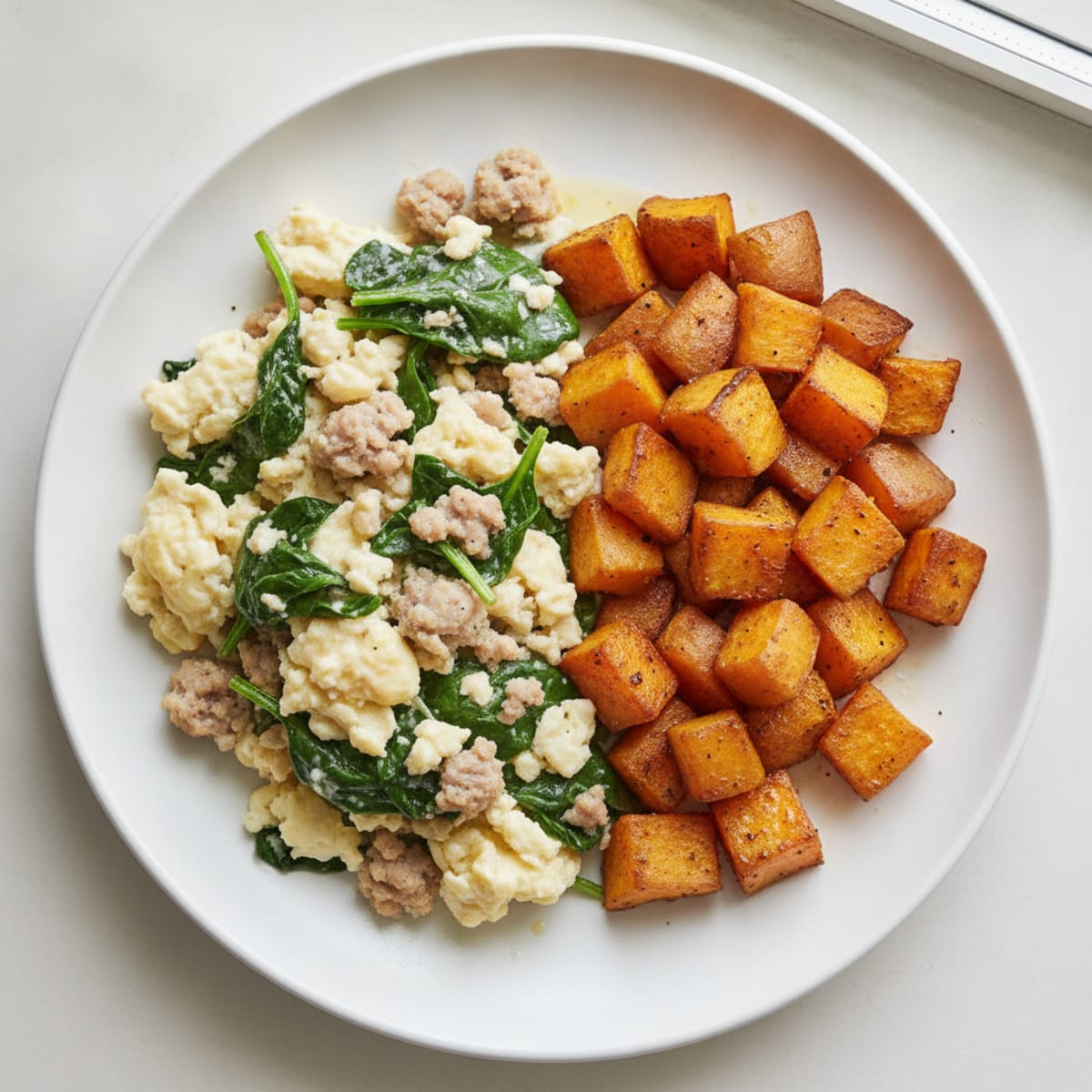 Egg White and Turkey Sausage Scramble with Spinach and Roasted Sweet Potatoes