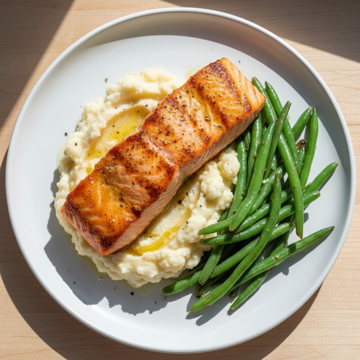 Seared Salmon with Steamed Green Beans and Garlic Mashed Cauliflower