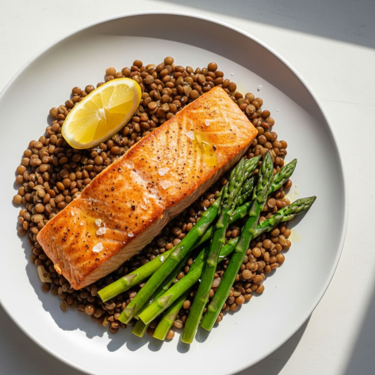 Seared Salmon with Steamed Asparagus and Lentils