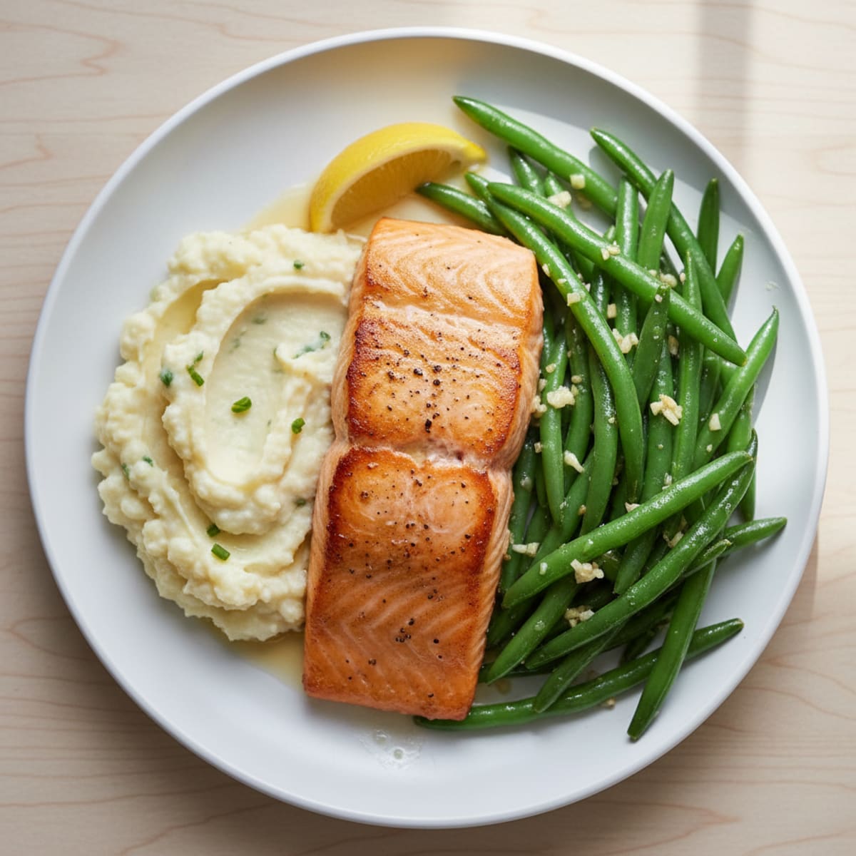 Seared Salmon with Garlic Green Beans and Cauliflower Mash
