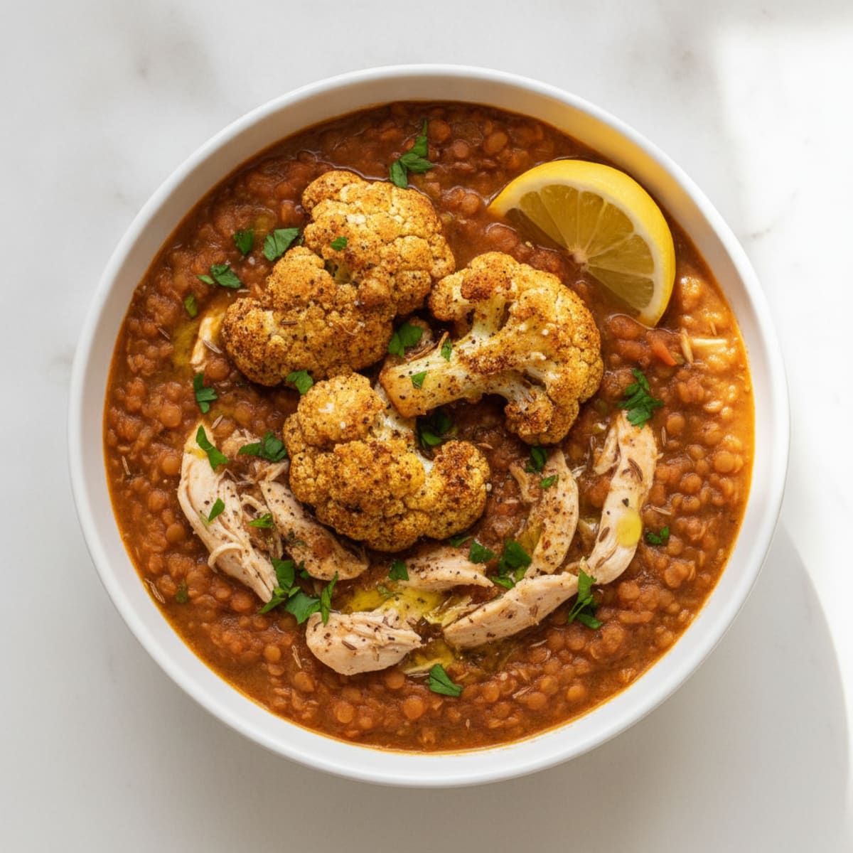 Spiced Lentil and Chicken Stew with Roasted Cauliflower