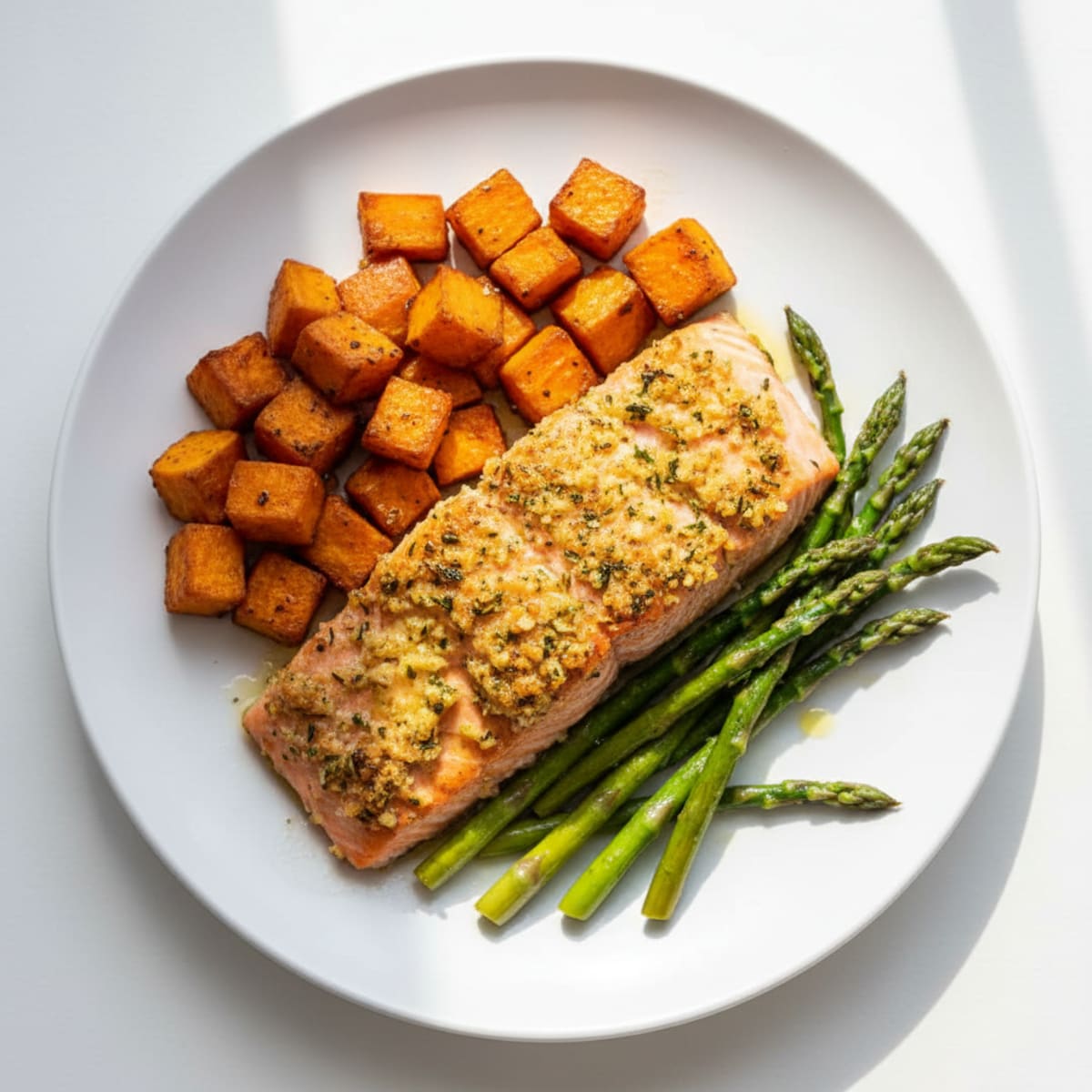 Seared Garlic Herb Salmon with Roasted Sweet Potatoes and Asparagus
