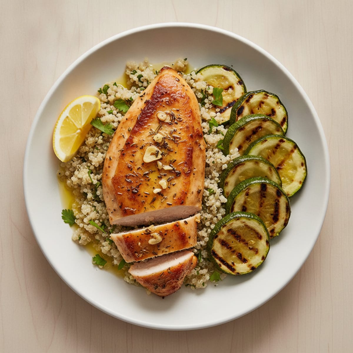 Herb-Roasted Chicken Breast with Grilled Zucchini and Quinoa