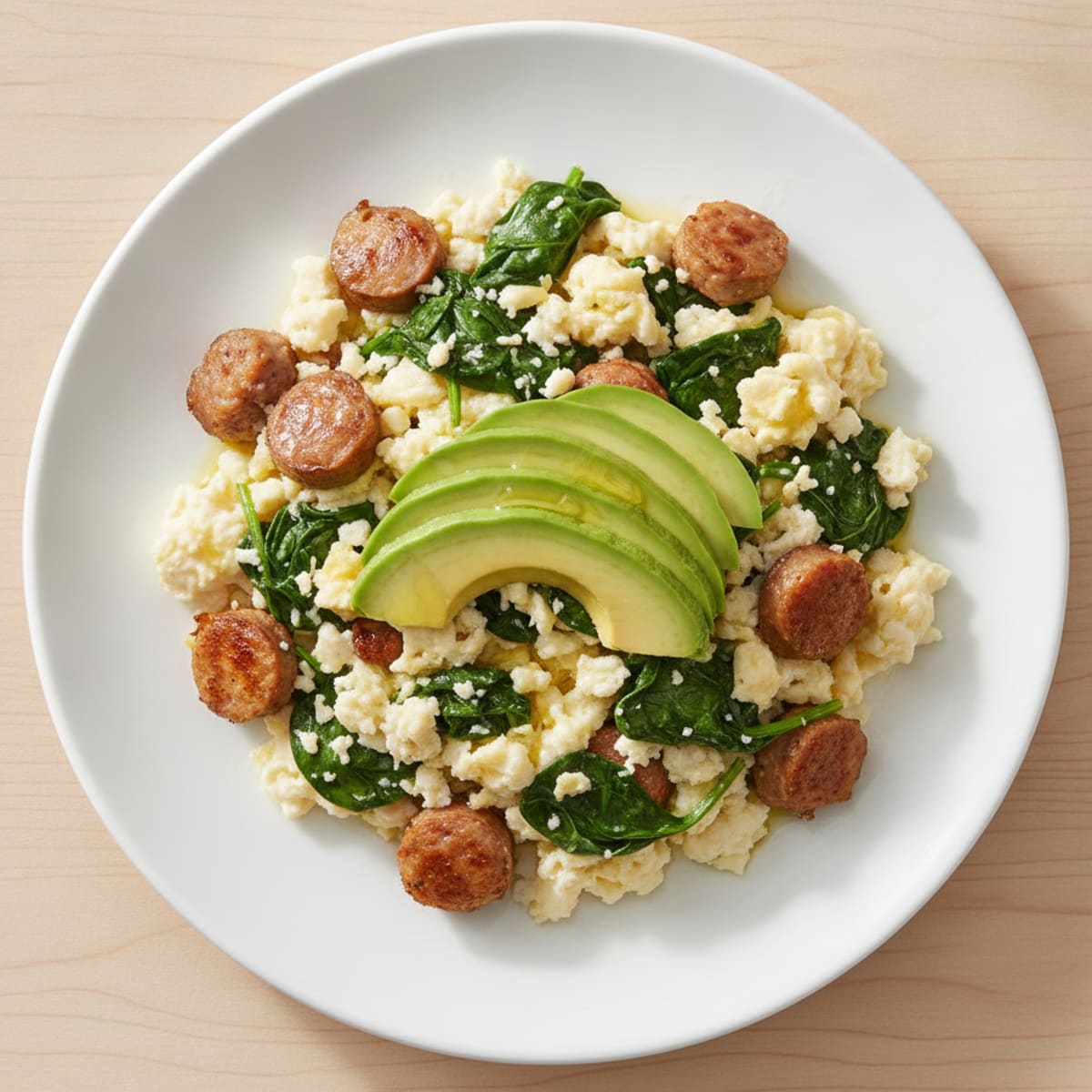 Egg White Scramble with Turkey Sausage and Sautéed Spinach