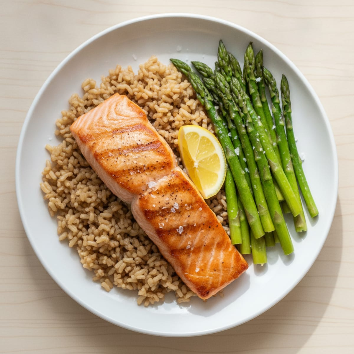 Seared Salmon with Steamed Asparagus and Brown Rice
