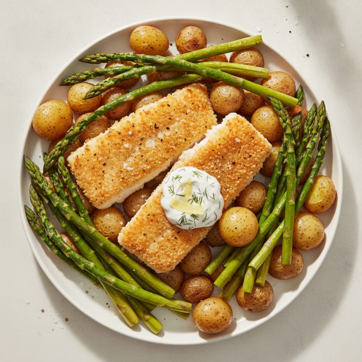 Air-Fried Cod with Roasted Asparagus and Baby Potatoes