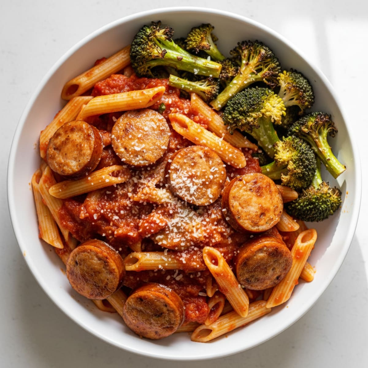 Chicken Sausage Protein Pasta with Roasted Broccoli