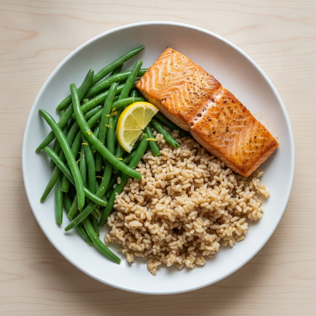 Seared Salmon with Steamed Green Beans and Brown Rice