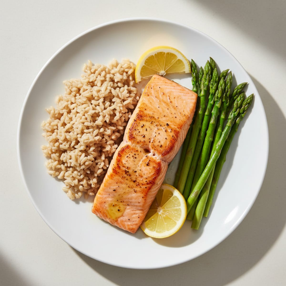 Seared Salmon Fillet with Steamed Asparagus and Brown Rice