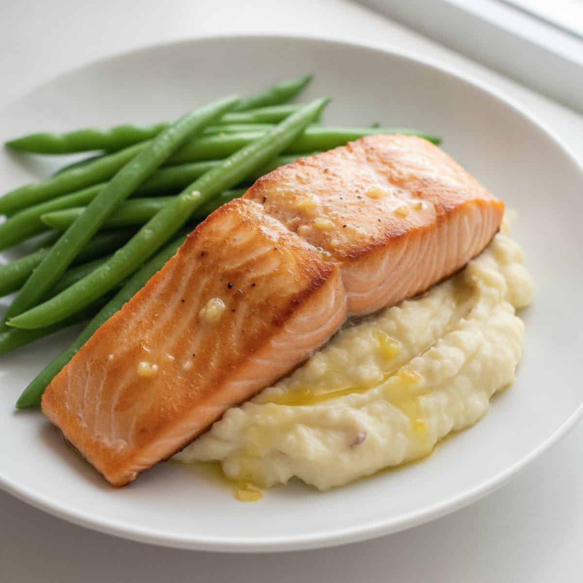Seared Salmon with Steamed Green Beans and Garlic Cauliflower Mash