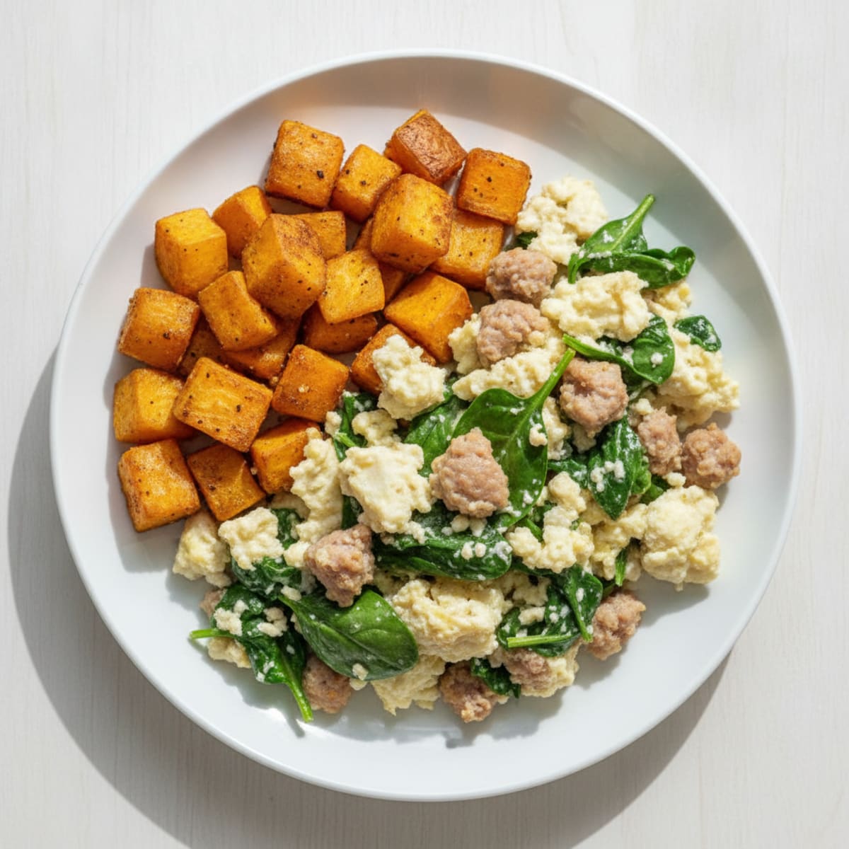 Egg White and Turkey Sausage Scramble with Roasted Sweet Potatoes