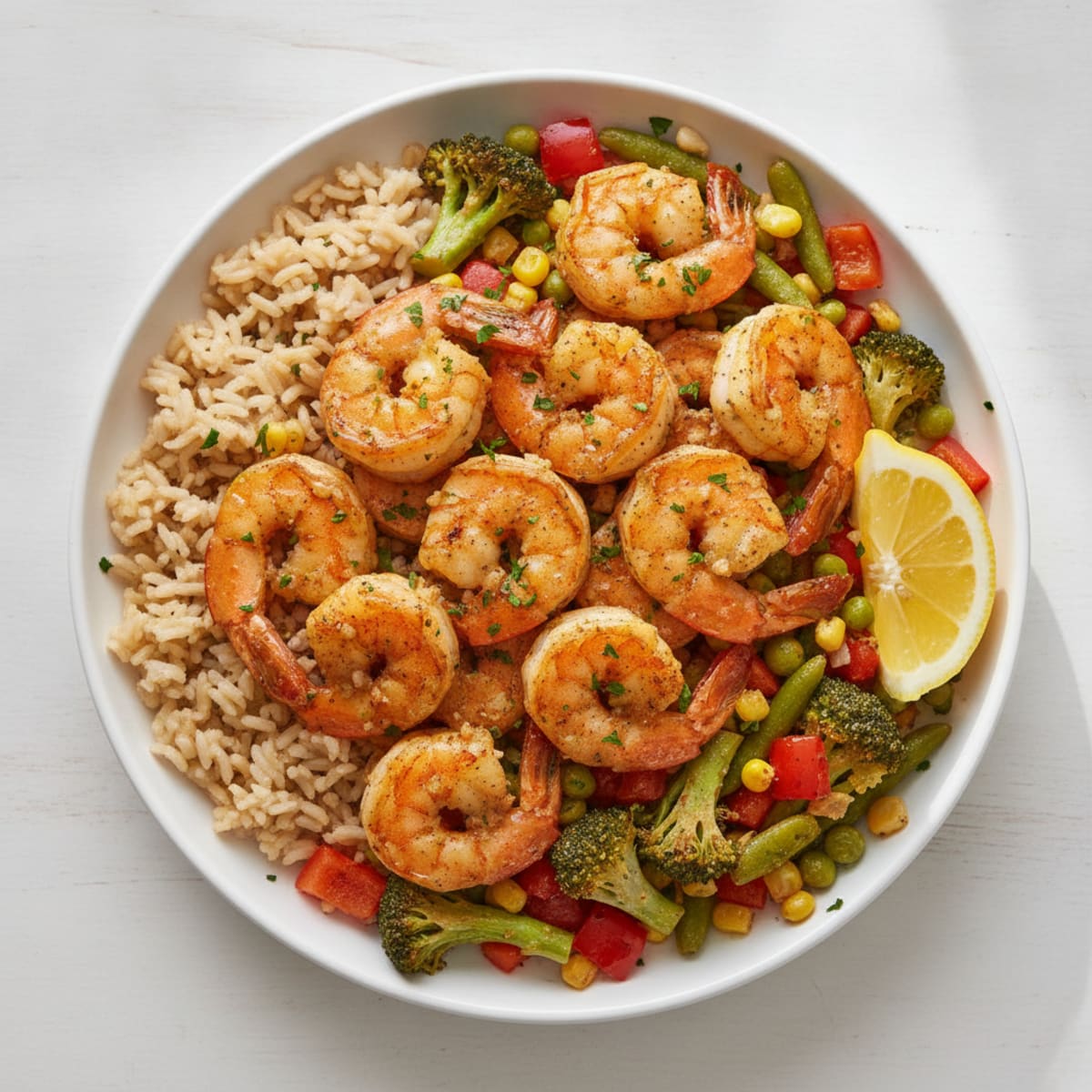 Garlic Shrimp with Roasted Vegetables and Rice