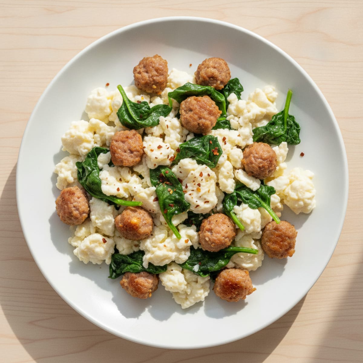 Egg White Scramble with Turkey Sausage and Sautéed Spinach