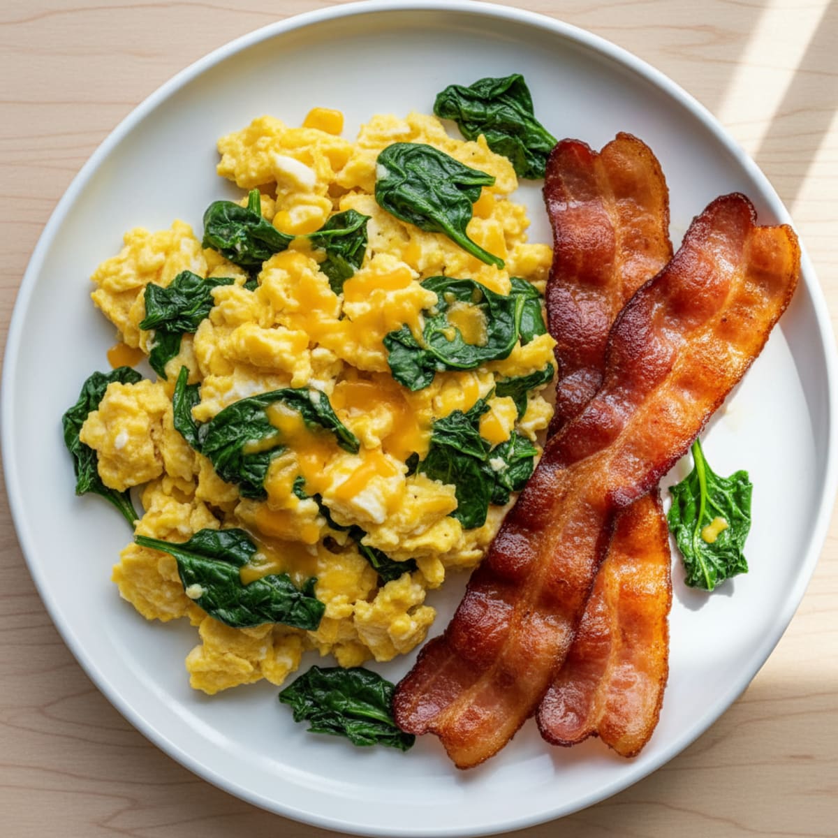 Scrambled Eggs with Crispy Bacon and Sautéed Spinach