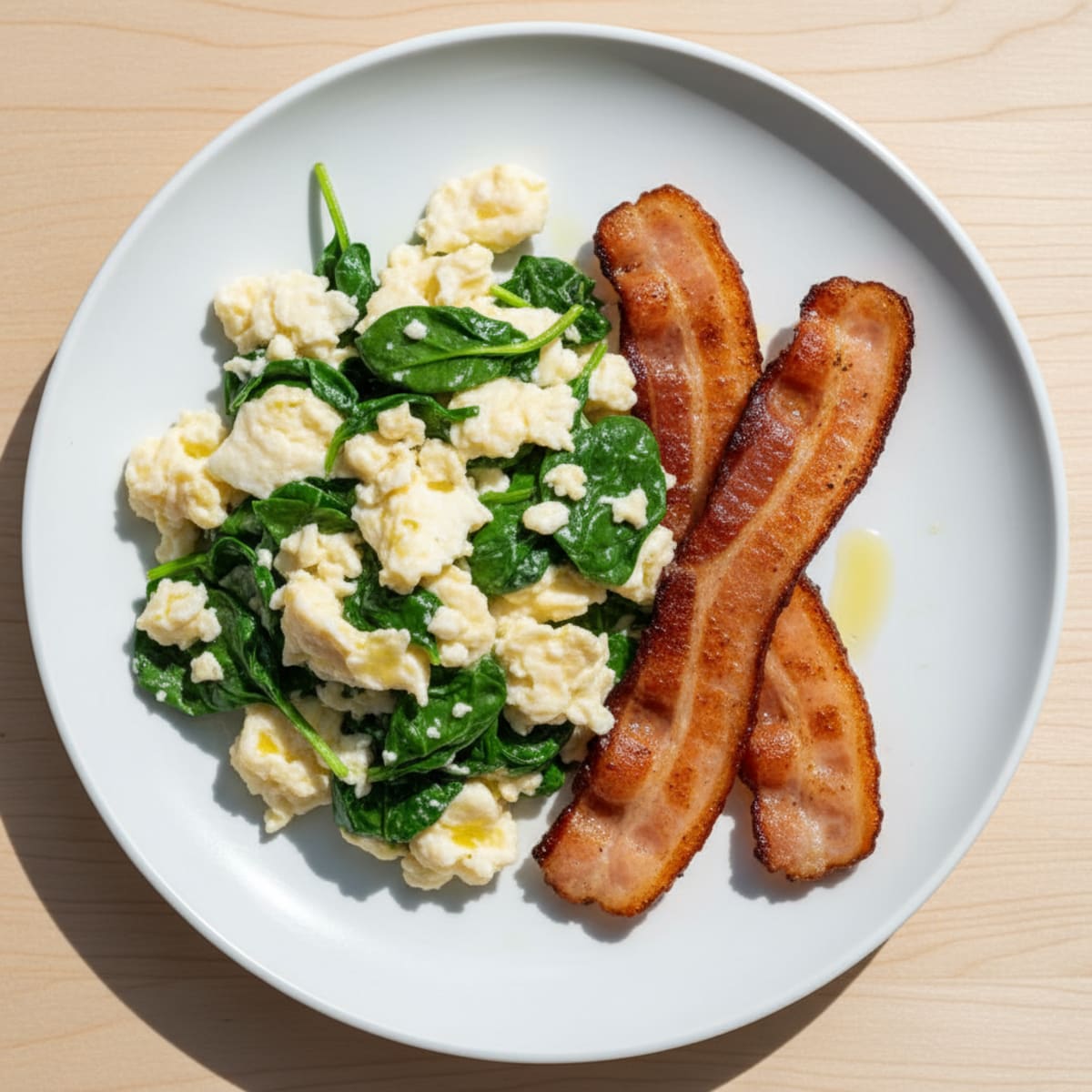 Egg White Spinach Scramble with Grilled Turkey Bacon