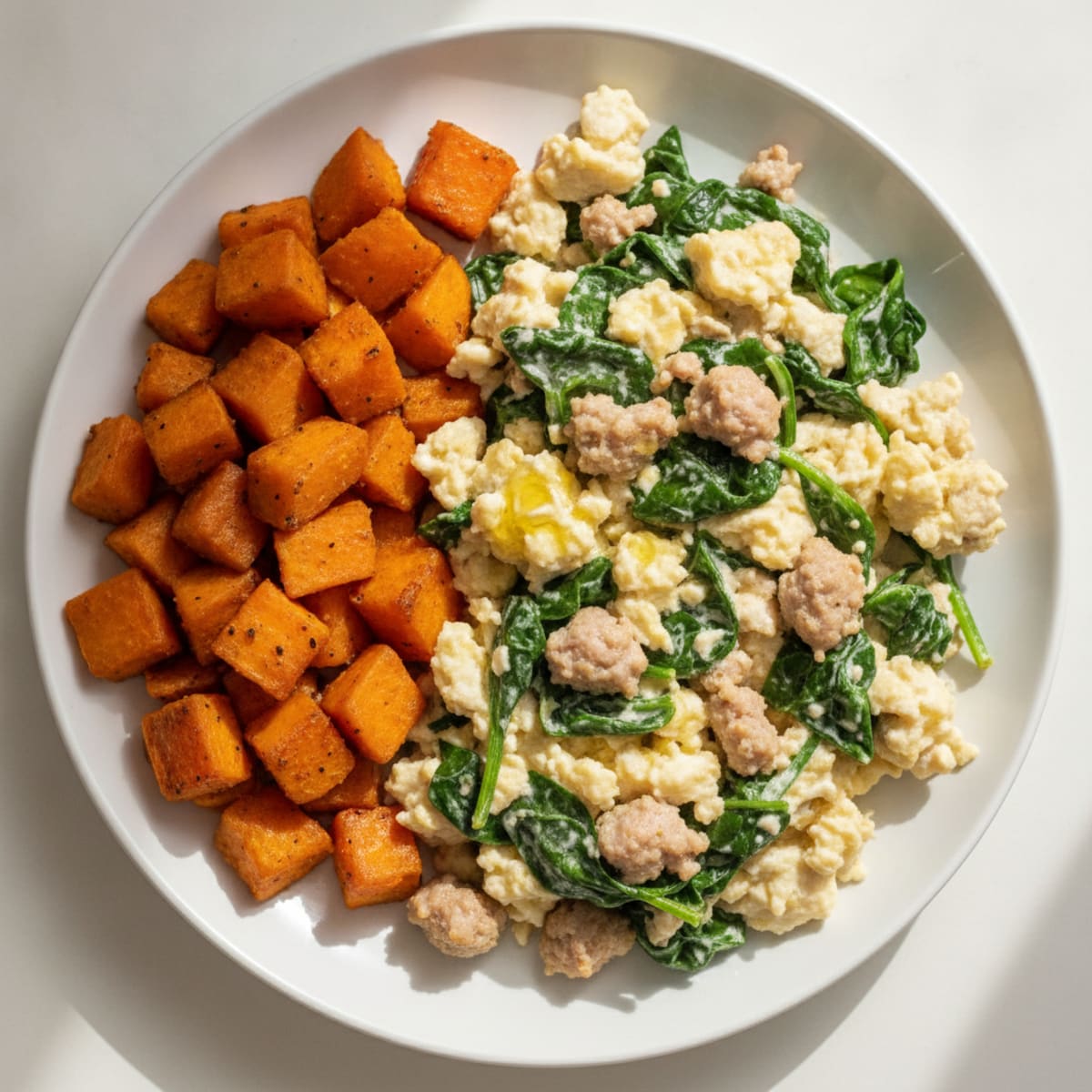 Egg White and Turkey Sausage Scramble with Spinach and Roasted Sweet Potato