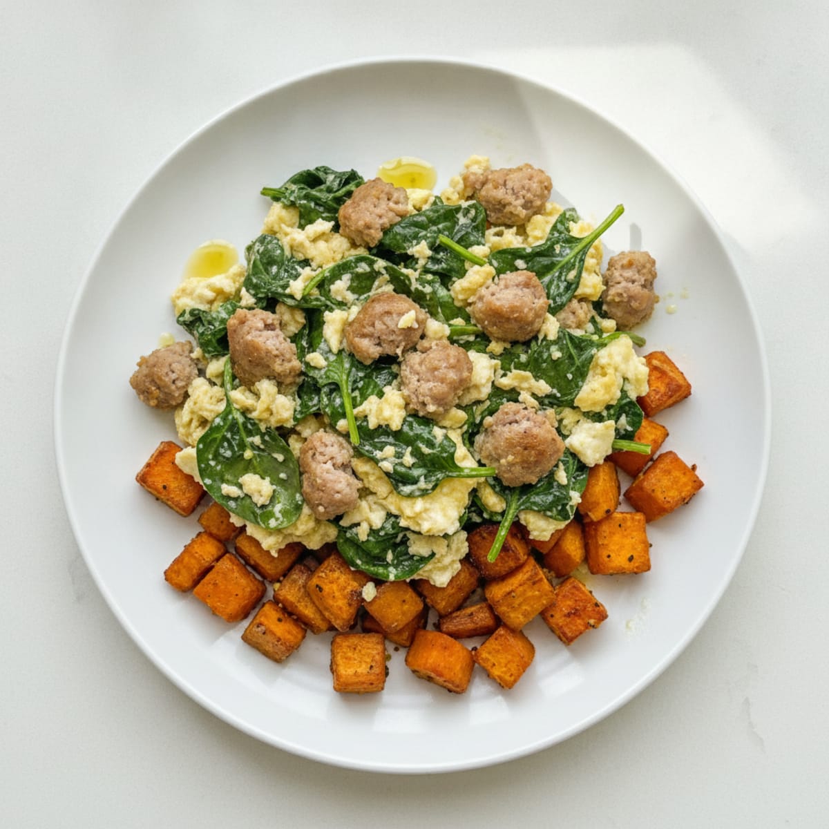 Egg White and Turkey Sausage Scramble with Spinach and Roasted Sweet Potatoes