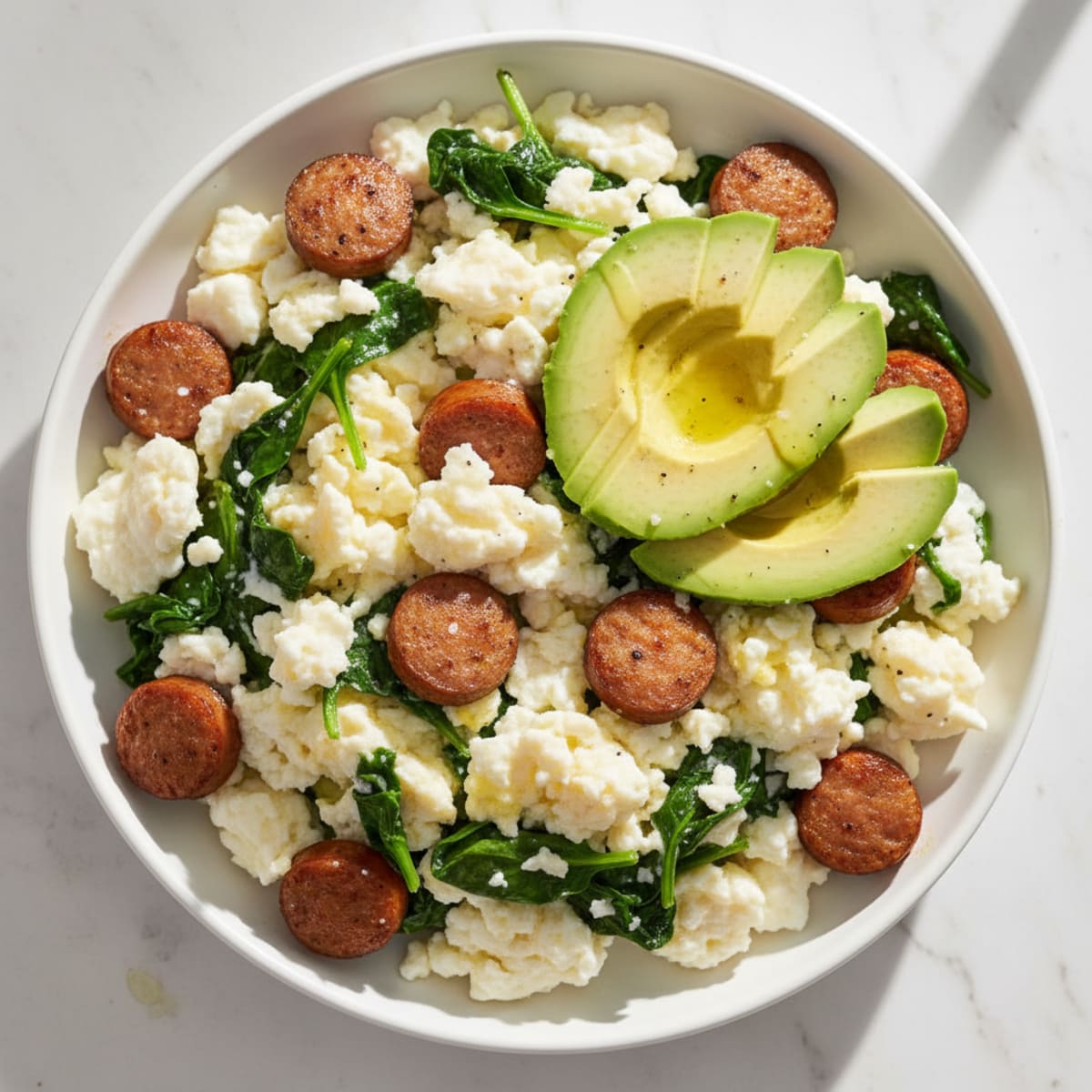 Egg White Scramble with Turkey Sausage and Sautéed Spinach