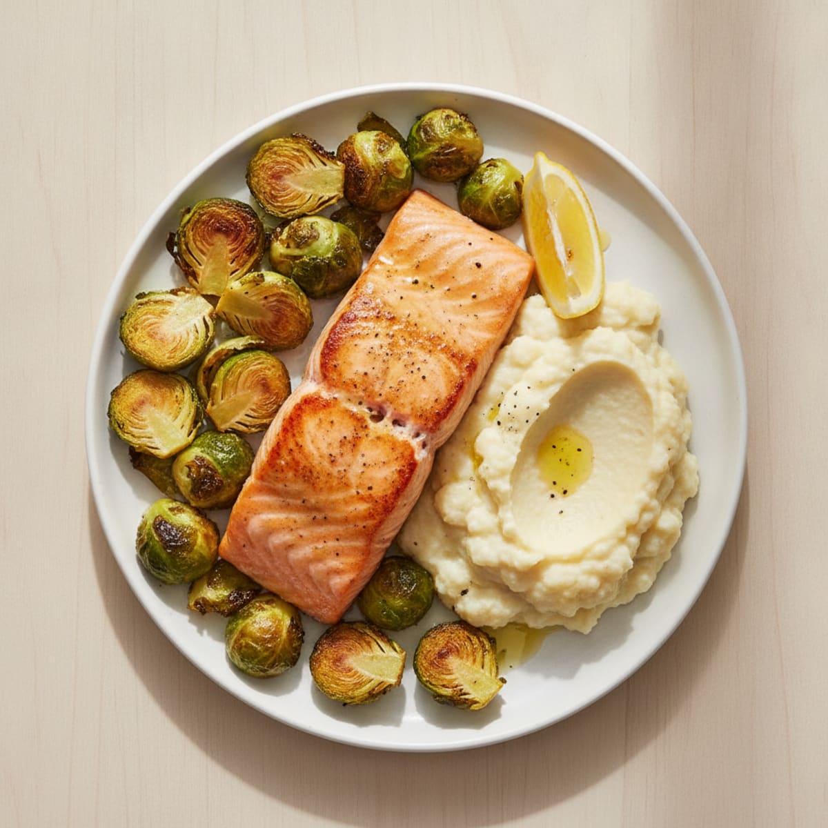 Seared Salmon Filet with Roasted Brussels Sprouts and Cauliflower Mash