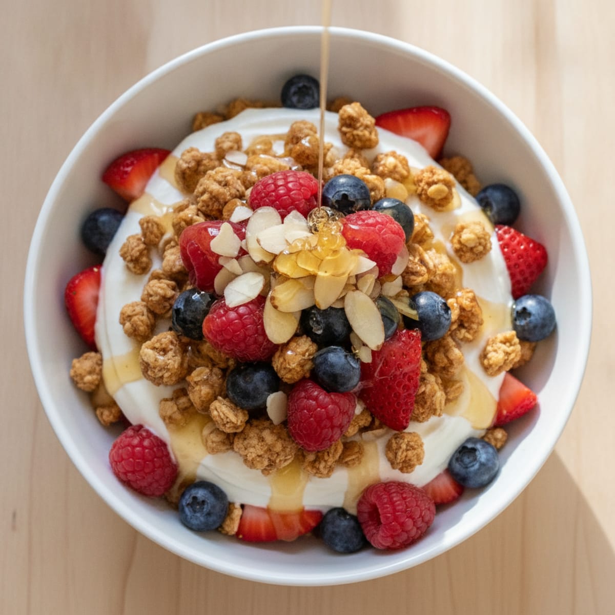 Greek Yogurt Parfait with Crunchy Almond Granola and Fresh Berries