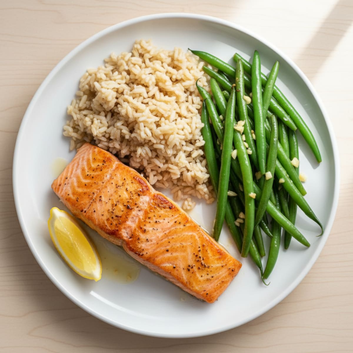 Seared Salmon with Garlic Green Beans and Brown Rice