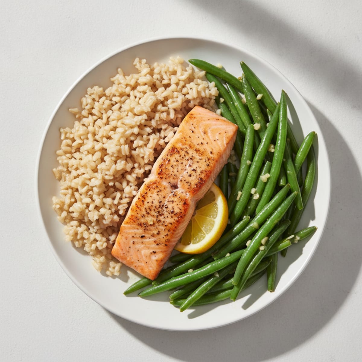 Seared Salmon with Garlic Green Beans and Brown Rice